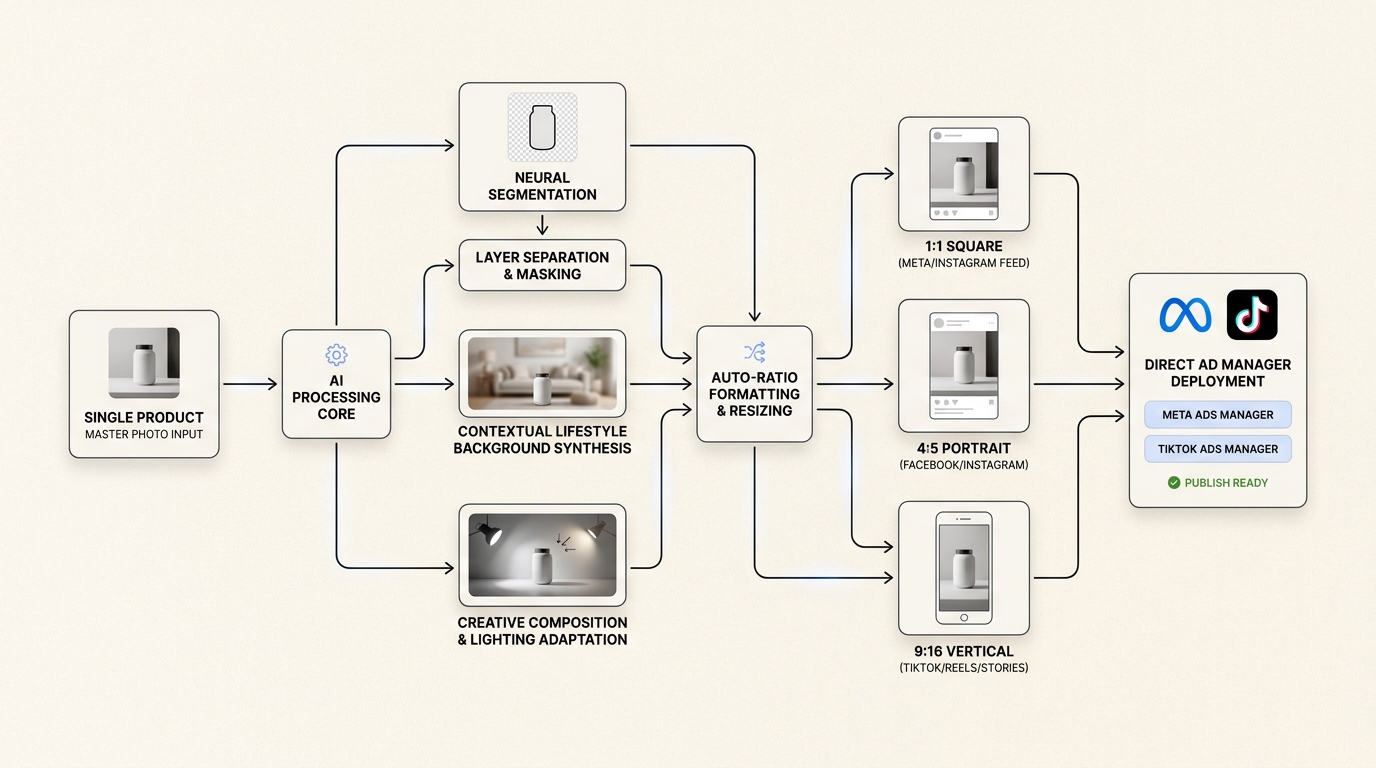 AI Ad Creative Generator Workflow Diagram from Master Product Upload to Multi-Channel Ad Deployment