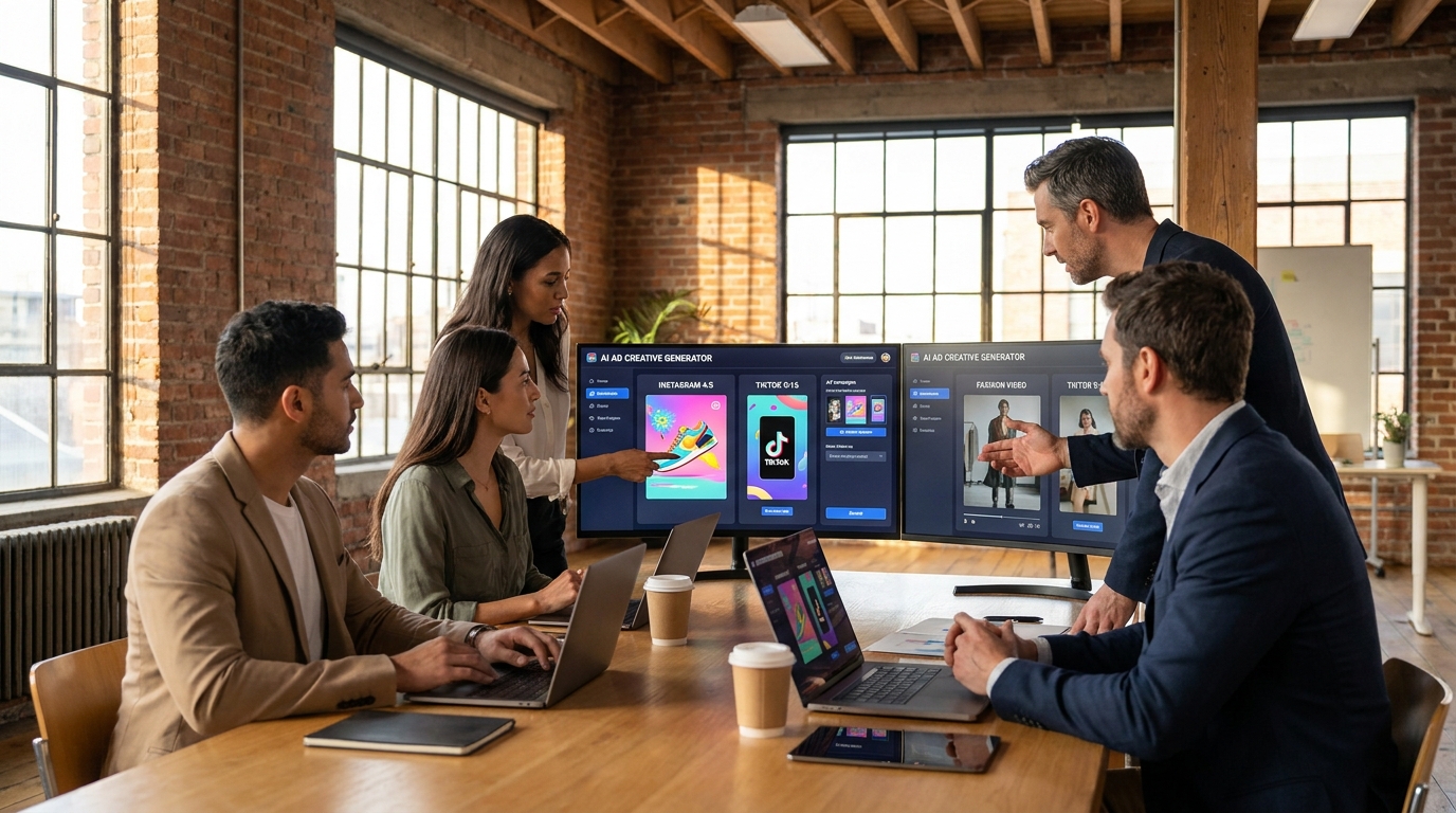 Modern ecommerce marketing team analyzing an AI ad creative generator interface displaying multi-format Facebook, Instagram, and TikTok ad variations