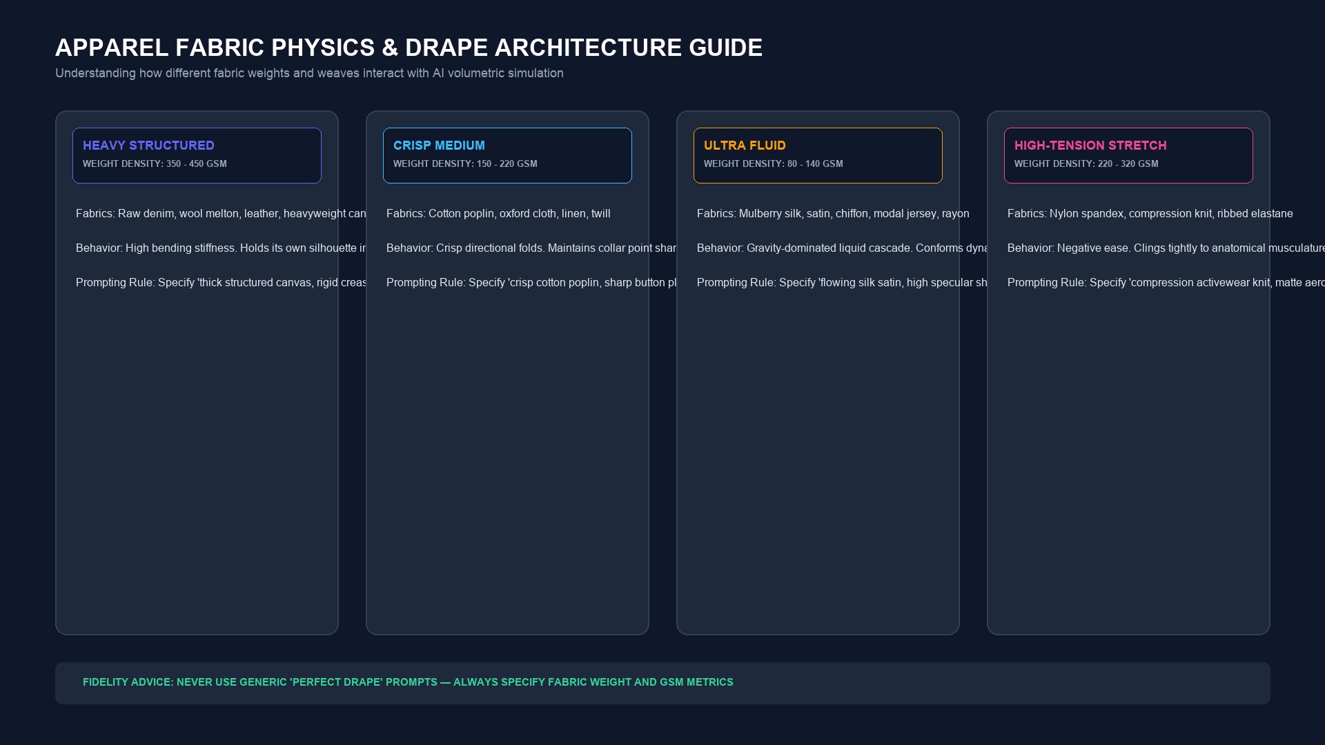 Apparel fabric physics and drape architecture guide breaking down heavy structured, crisp medium, ultra fluid, and high tension stretch categories
