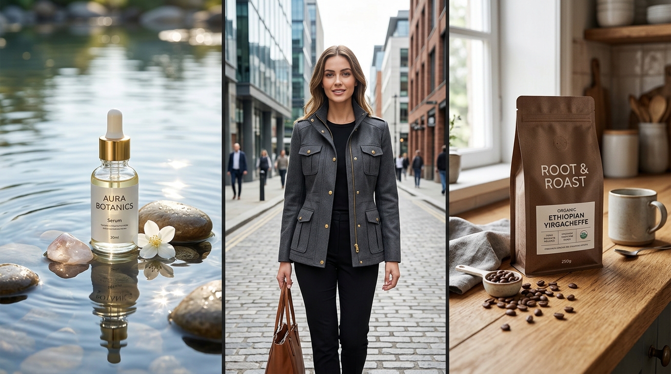 Triptych of commercial AI product photos showing a skincare bottle on water ripples, apparel on a fashion model in a city street, and organic coffee packaging on a wooden kitchen counter