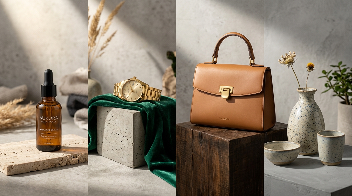 A curated commercial flat lay displaying diverse ecommerce categories: amber skincare dropper, luxury gold watch, designer handbag, and ceramic pottery in studio lighting