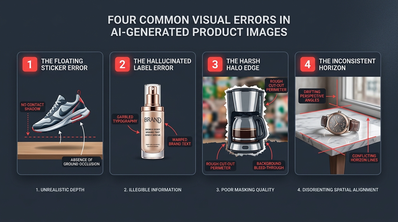 Four common visual errors in AI-generated product images: floating sticker error, hallucinated label error, harsh halo edge, and inconsistent horizon