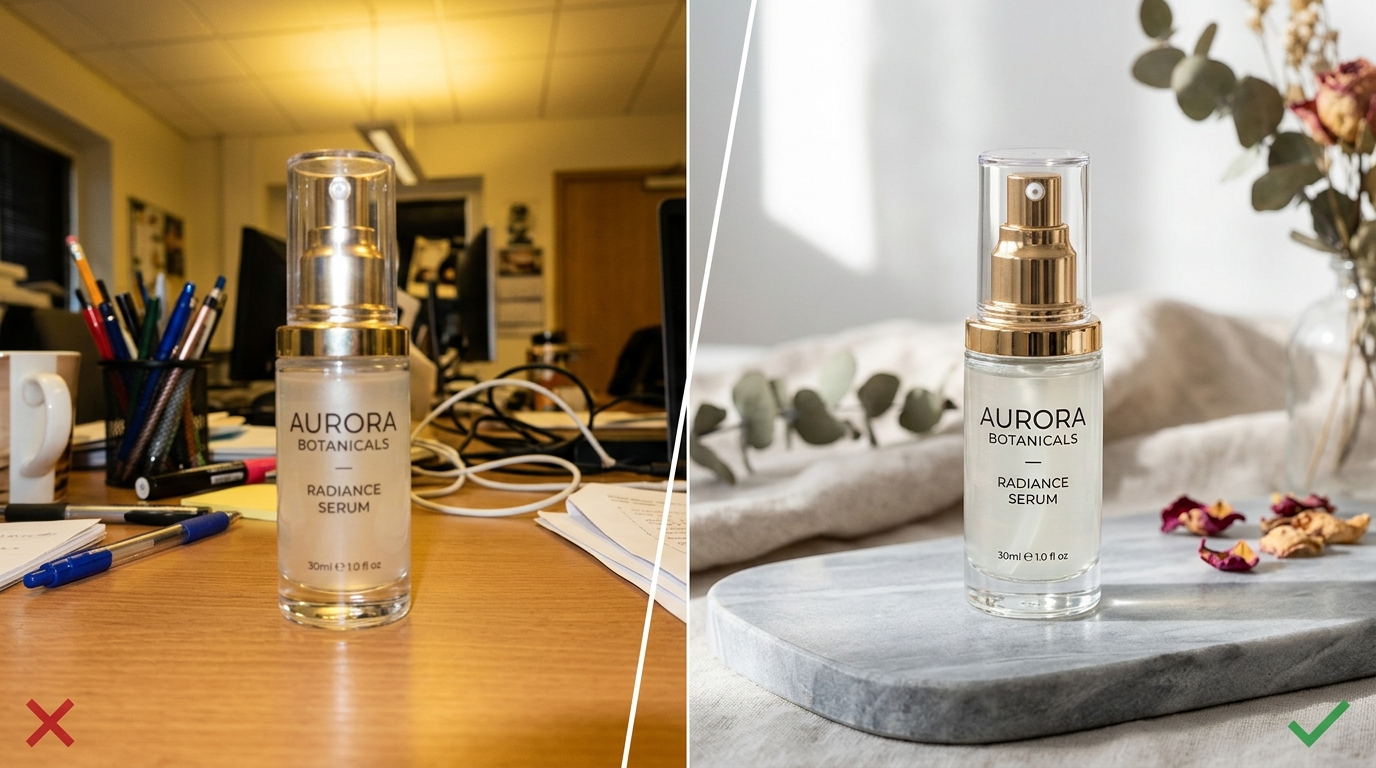Side-by-side comparison of an amateur product photo on a cluttered yellow desk with red rejection mark next to a clean studio image with green approval check