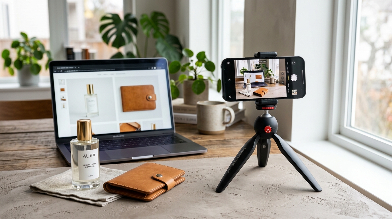 A budget-conscious ecommerce product photography setup with a smartphone, natural window lighting, and AI-generated studio outputs