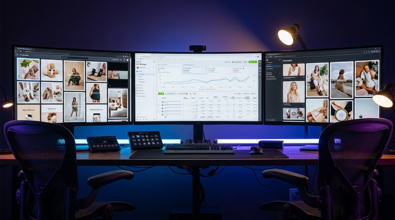A media buyer's dual-monitor command center displaying Meta Ads Manager on one screen and an AI generative batch matrix producing multi-aspect ratio ad creatives on the other
