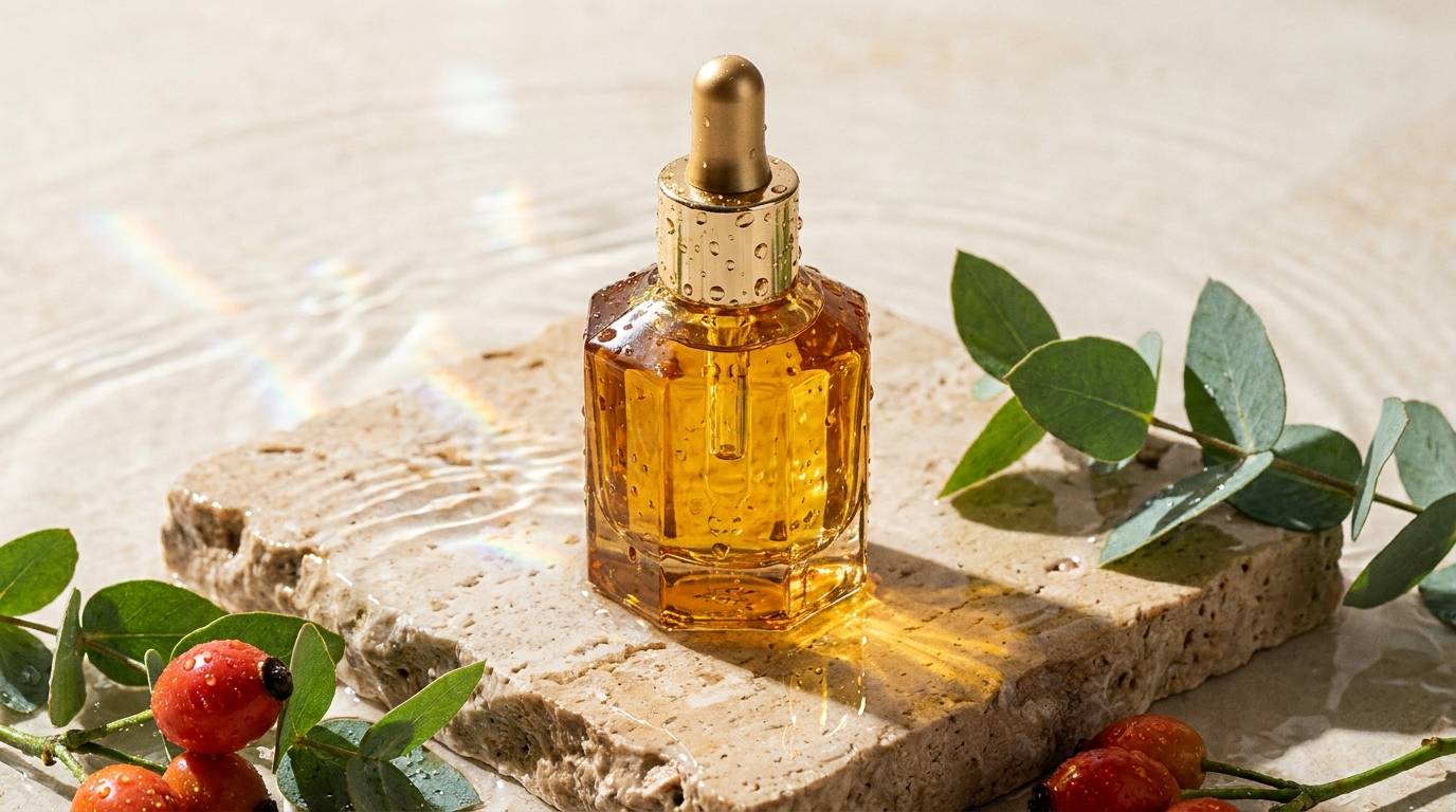 Luxury amber glass serum bottle resting on a wet travertine stone pedestal with delicate water ripples, fresh botanical eucalyptus leaves, and golden morning sunlight