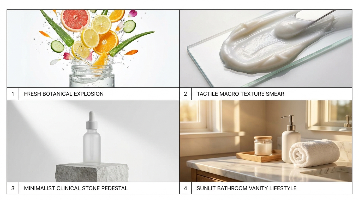 Comparative visual guide illustrating four cosmetic staging formulas: botanical ingredient explosion, texture smear macro, luxury travertine pedestal, and bathroom vanity lifestyle