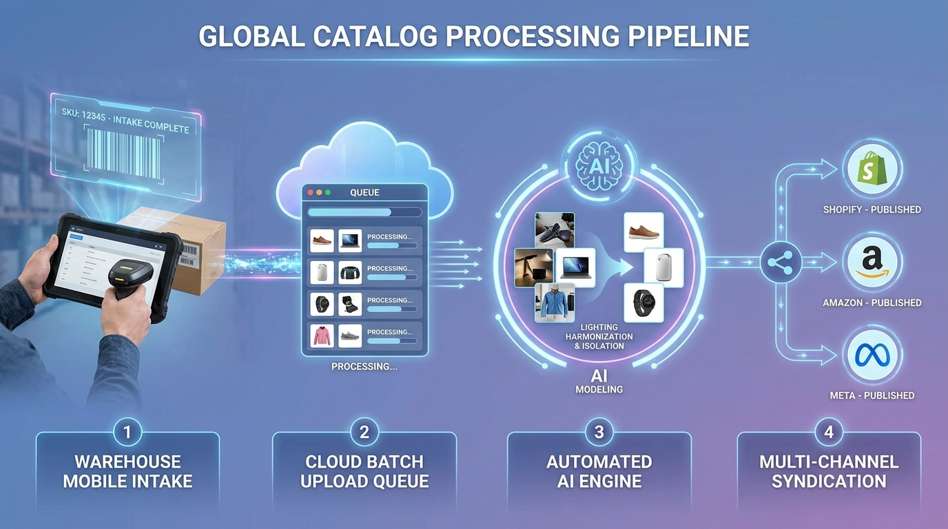 End-to-end diagram of bulk product photography pipeline from warehouse barcode scan to automated AI batch processing and multi-channel export