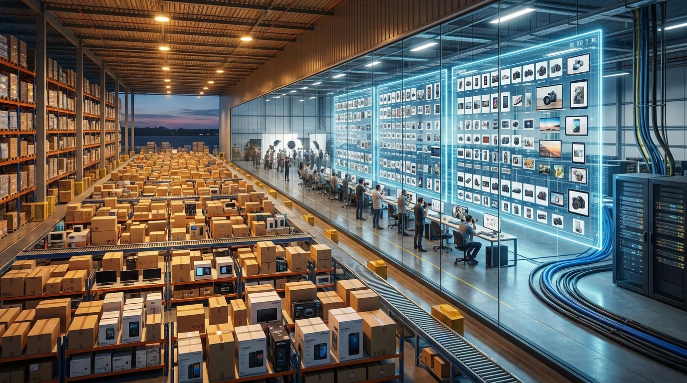 A high-throughput enterprise fulfillment warehouse with mechanized intake stations, barcode scanners, and automated AI image batching pipelines processing hundreds of SKUs