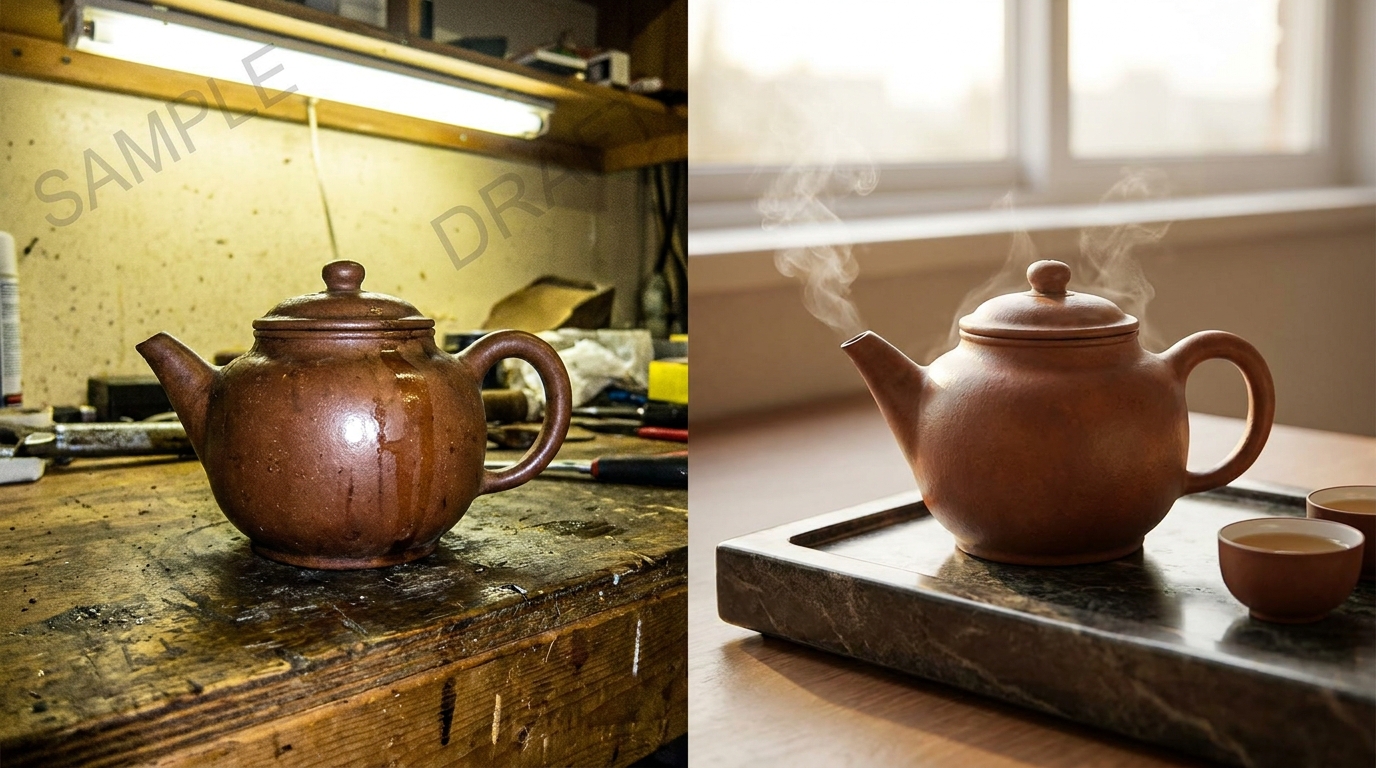 Dramatic before-and-after split showing a messy supplier factory photo with watermarks and harsh flash transformed into an elegant, high-end editorial product shot