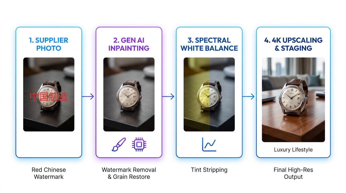 Comprehensive workflow diagram of supplier photo cleanup showing watermark removal, color cast correction, subject isolation, and luxury lifestyle staging