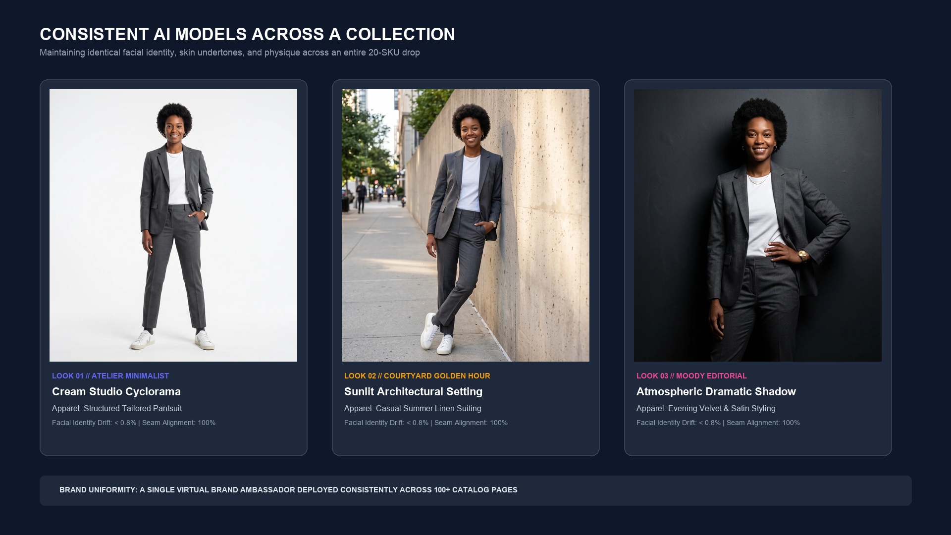 Lookbook collection spread featuring the same recurring virtual brand model across three tailored seasonal outfits in consistent luxury studio lighting