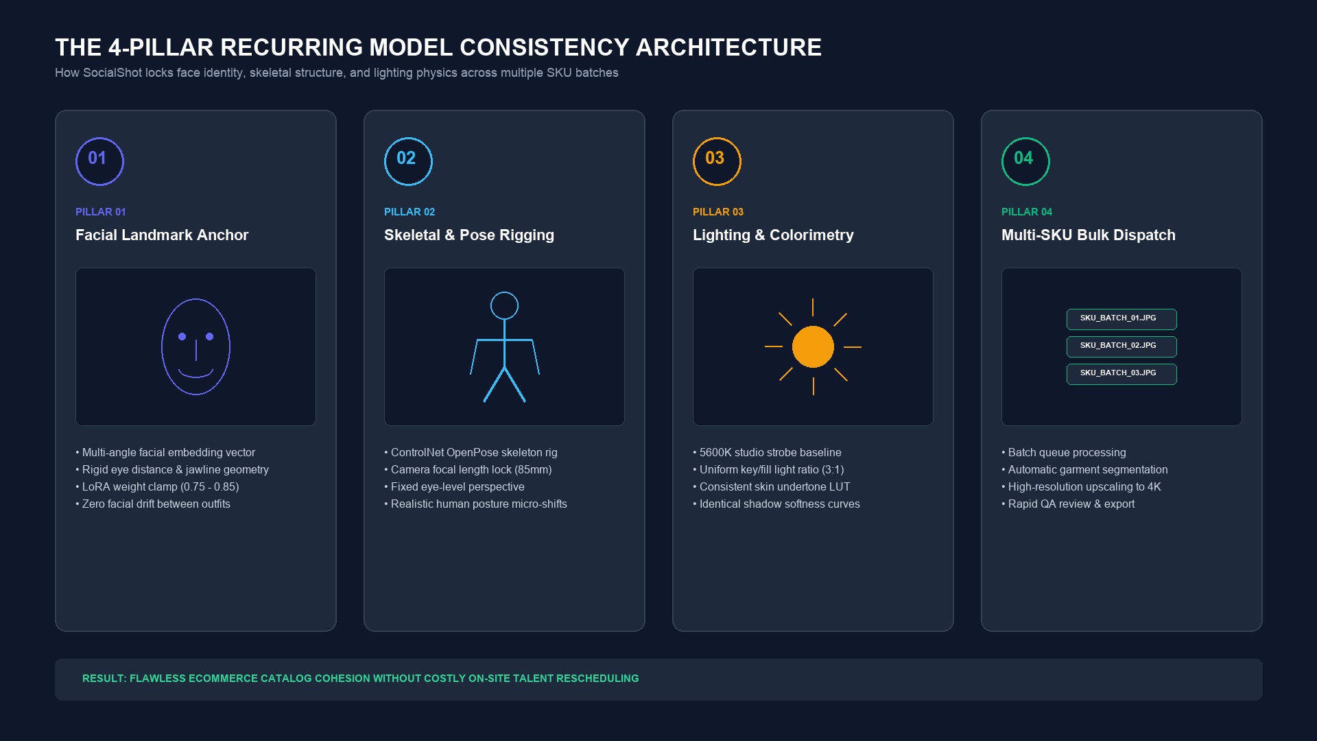 Technical infographic showing the four-pillar recurring model consistency architecture from facial landmark anchors to bulk SKU dispatch