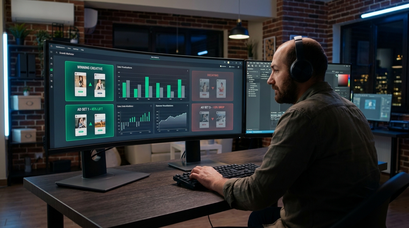 Growth marketer analyzing creative testing performance metrics on multi-monitor analytics dashboards with winning ad variants highlighted in vibrant green