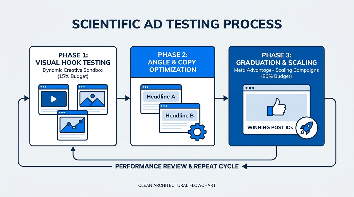 The Scientific Creative Testing Framework Flowchart from Hook Isolation to Advantage+ Scaling