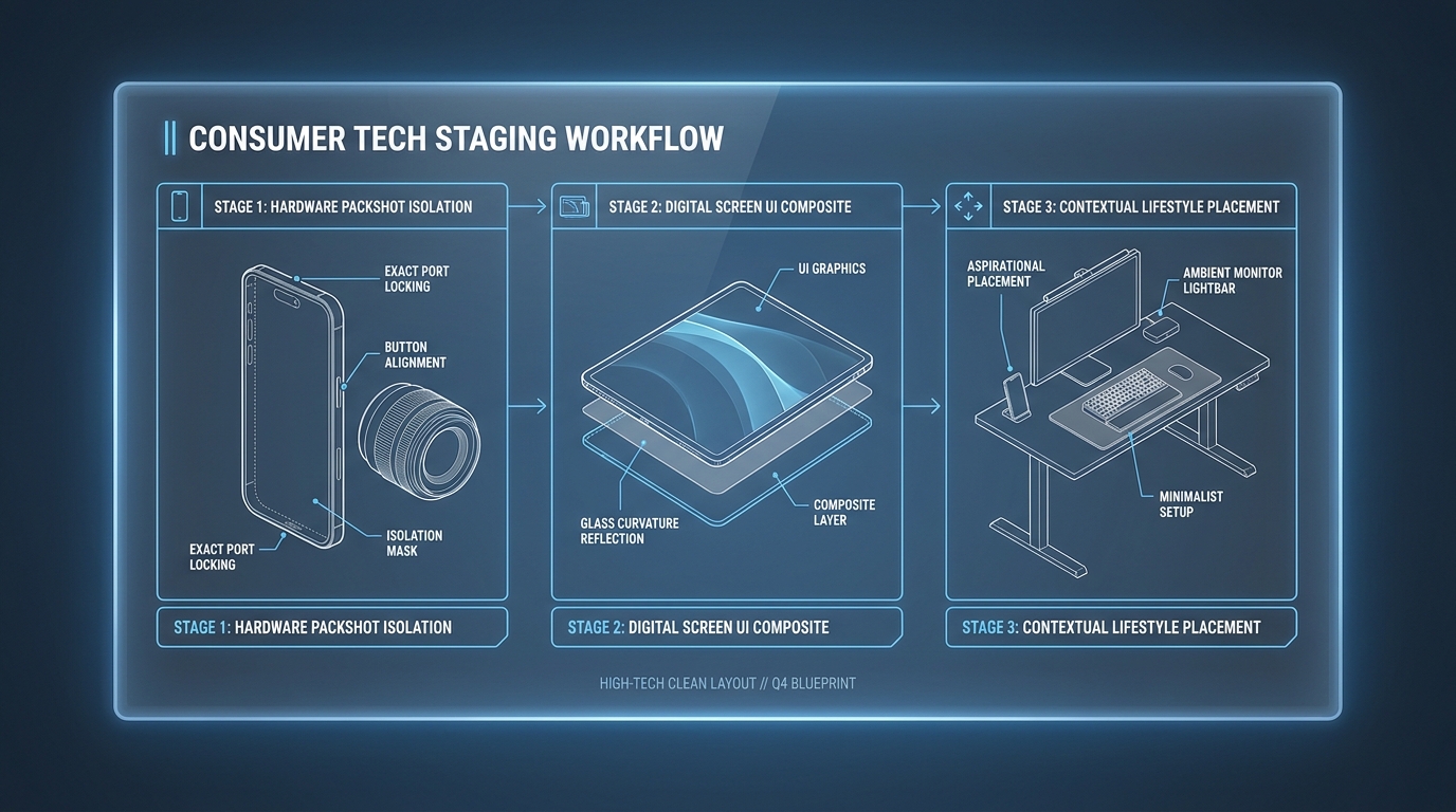 Diagram illustrating electronics AI staging pipeline showing raw device packshot, screen UI insertion, and contextual placement into an aspirational desk setup
