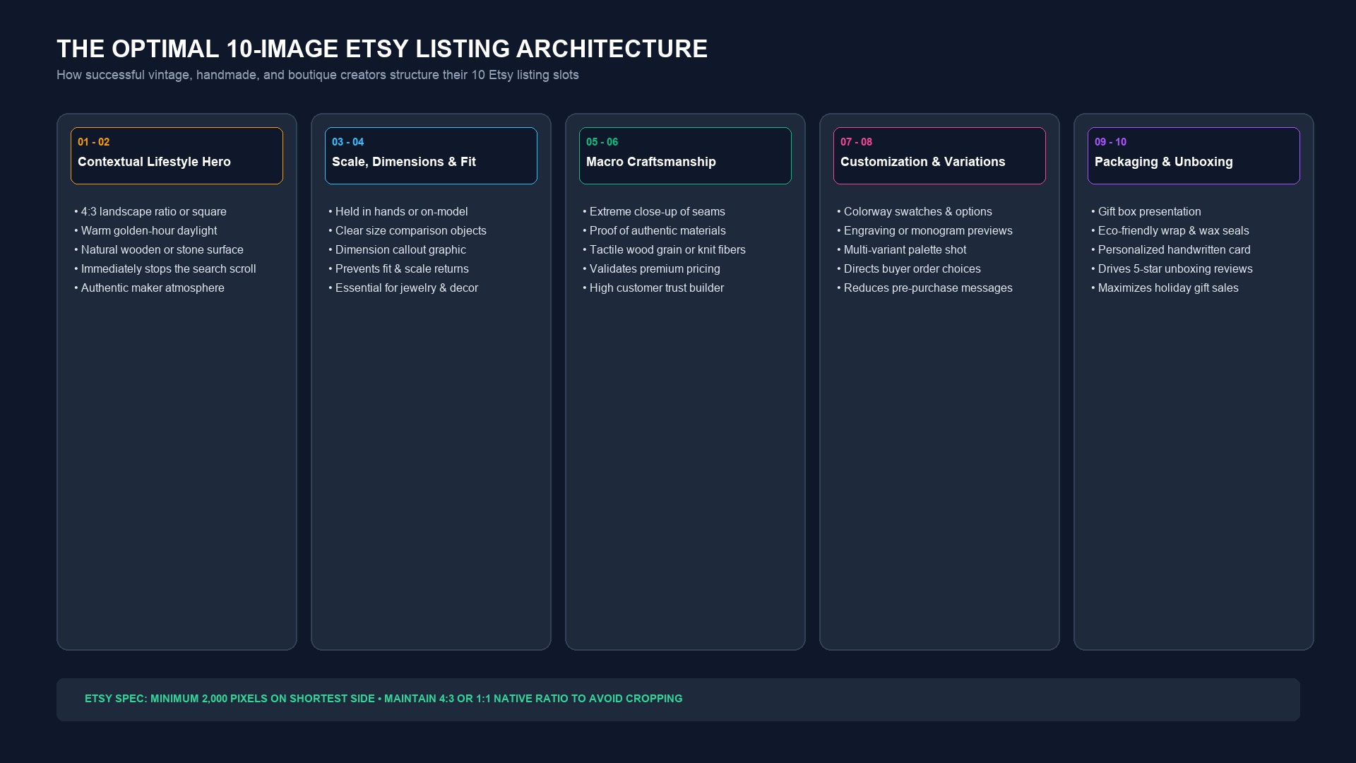 The optimal 10-image Etsy listing architecture breaking down lifestyle heroes, dimensions, macro textures, variations, and packaging