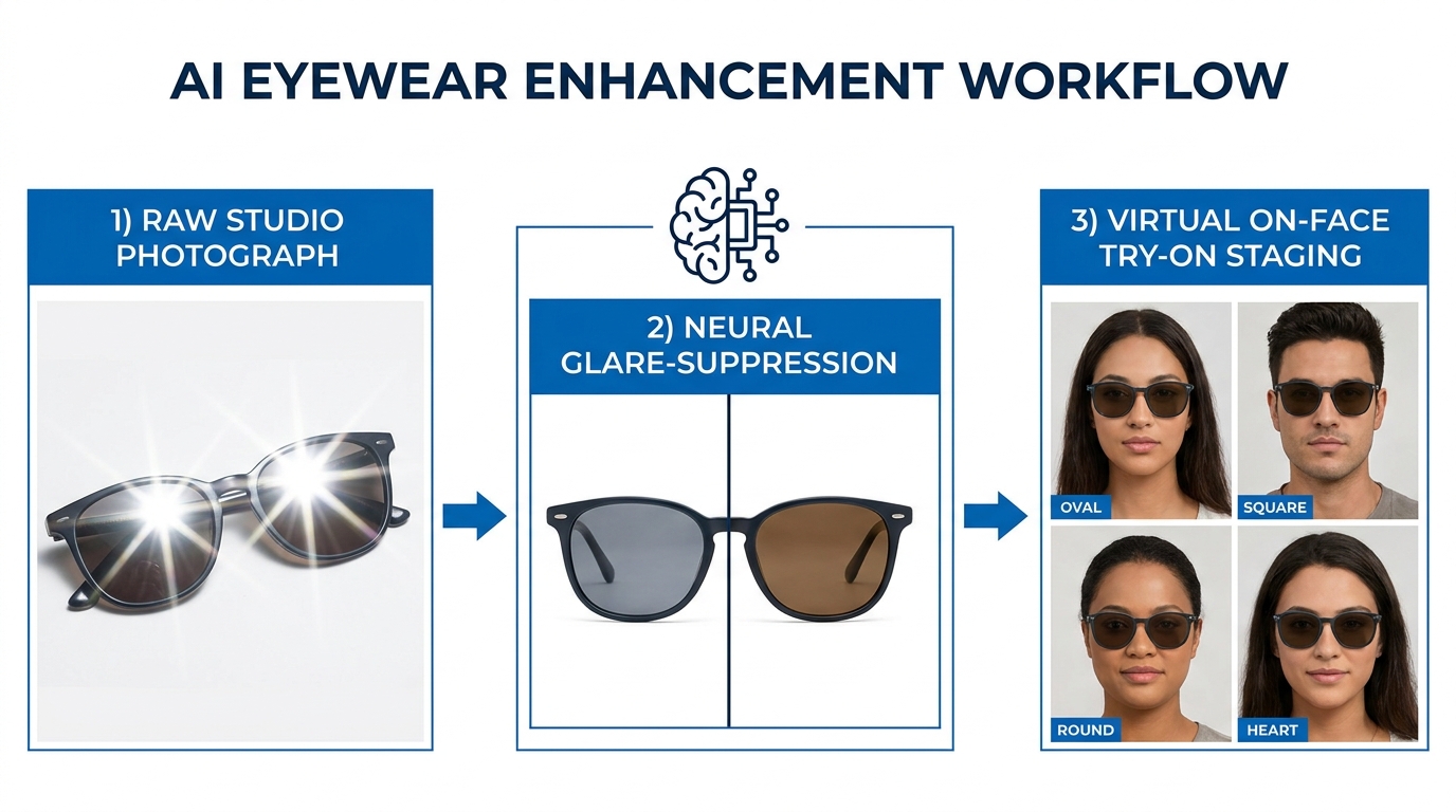 Diagram illustrating eyewear AI workflow from raw glare-laden frame photo to reflection removal, polarized gradient enhancement, and virtual on-model staging