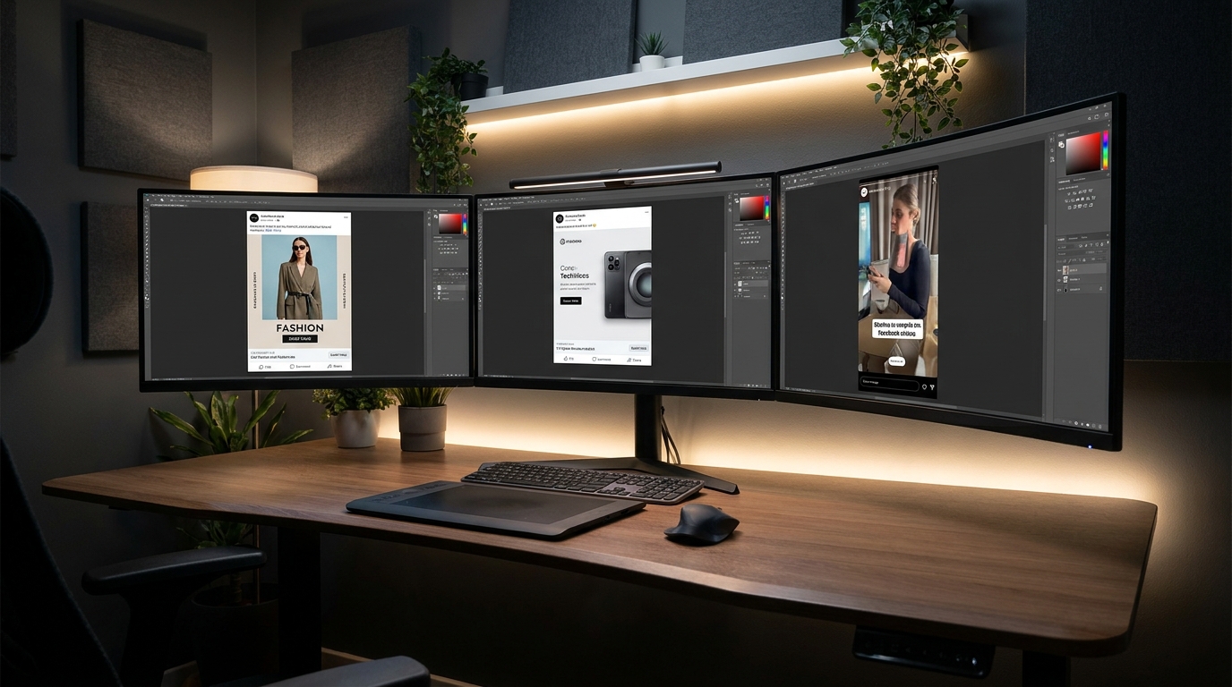 Comprehensive master graphic designer workspace showing multiple screens displaying Facebook ad creative aspect ratios across feeds, stories, and desktop placements