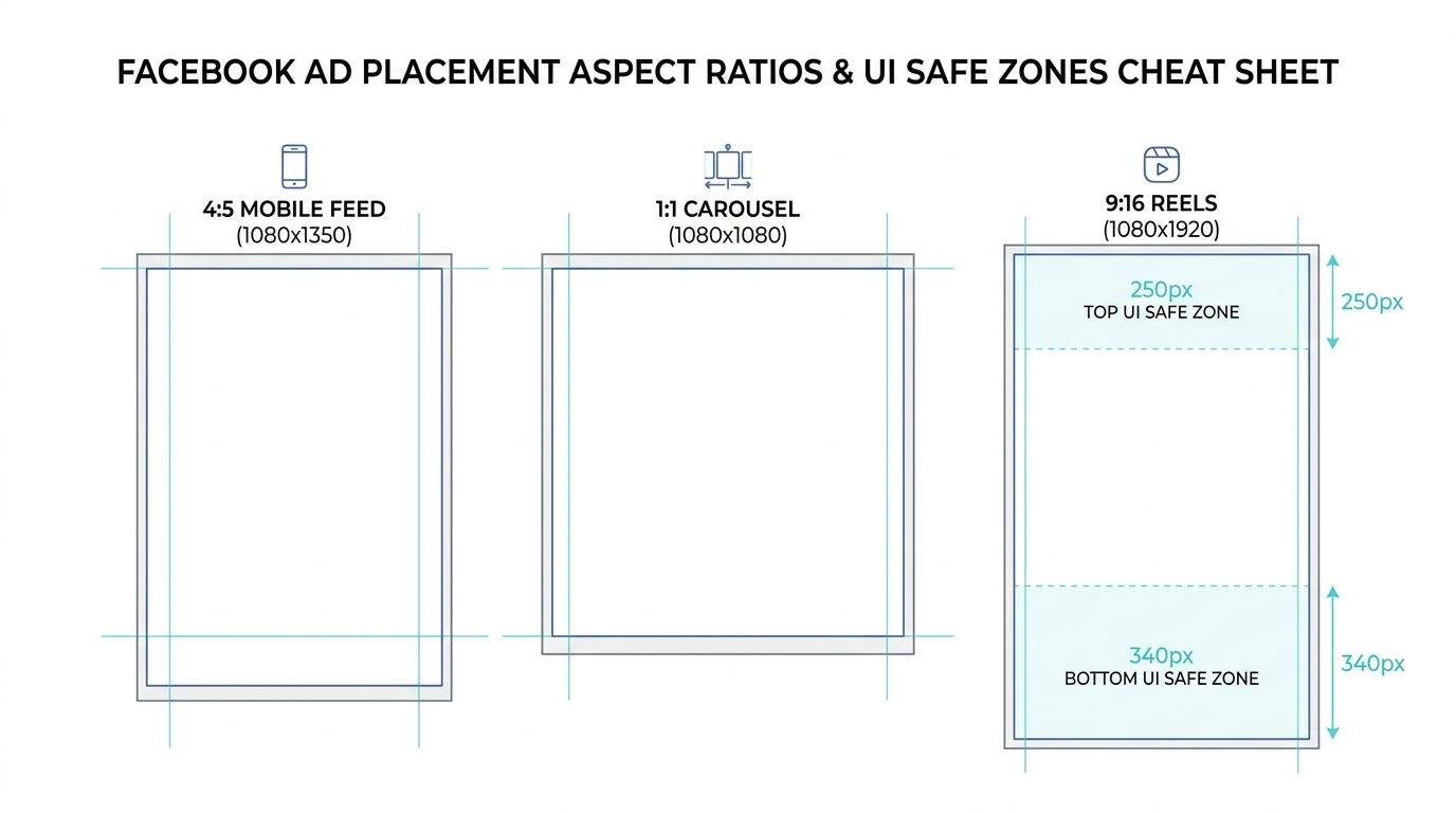 Facebook Ad Creative Sizes and Aspect Ratio Guide Covering 1:1, 4:5, and 9:16 Safe Zones