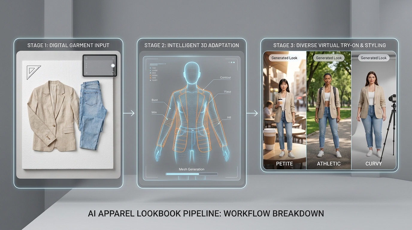 Workflow breakdown showing flat-lay garment transformed through AI conditioning into diverse on-model lifestyle and studio lookbook photography