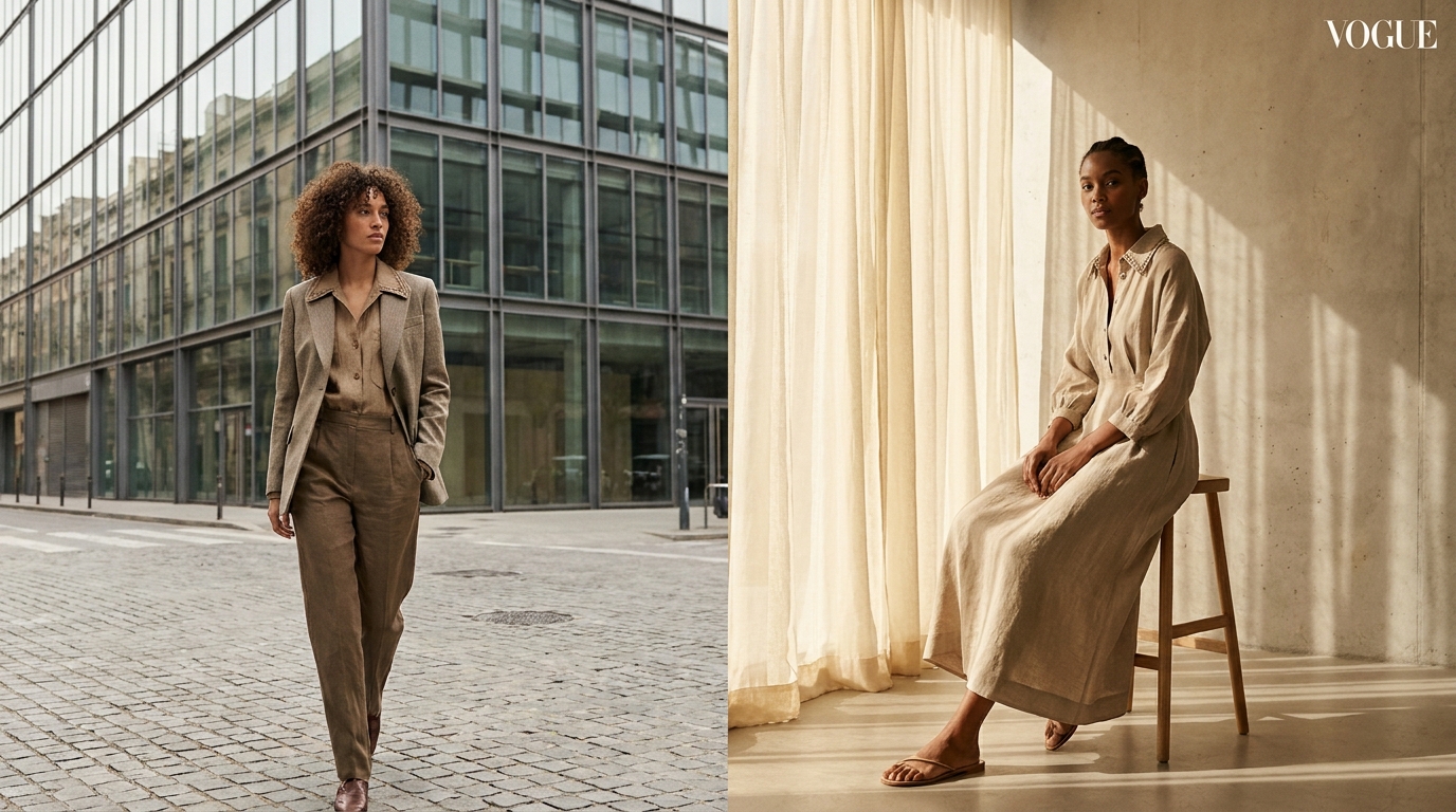 High-fashion editorial split showing an apparel brand collection styled across diverse AI on-model settings from European cobblestones to minimalist architectural studio