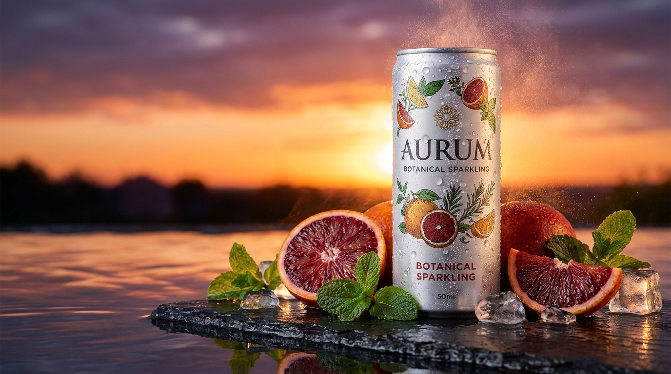 A sleek chilled sparkling beverage can covered in crisp, tactile condensation droplets resting on a sunlit poolside stone ledge with sliced fresh citrus and mint