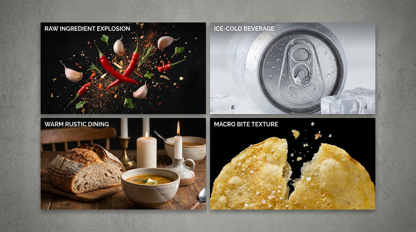 Comparative visual matrix illustrating food and beverage styling techniques including ingredient explosion, condensation droplets, gourmet table setting, and macro texture reveal