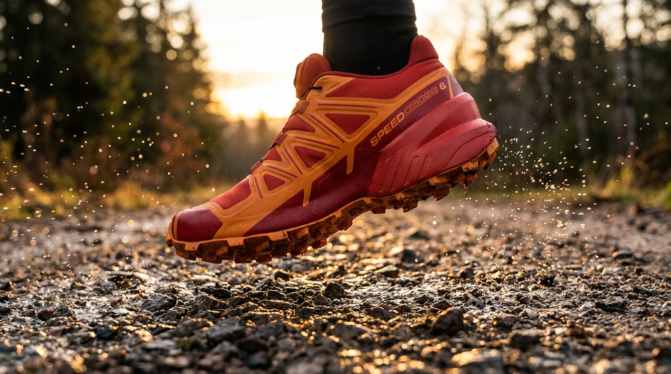 A high-performance trail running sneaker suspended mid-air above rugged wet gravel with water splash particles and dramatic low-angle sunrise lighting