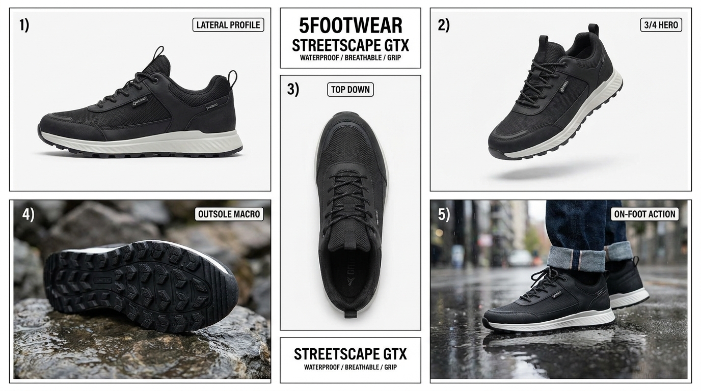 Comprehensive footwear angle guide showing lateral profile, 3/4 perspective hero, outsole traction, top-down toe box, and on-foot lifestyle staging