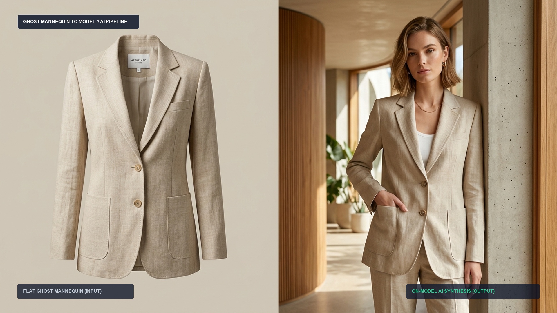 Side-by-side comparison of a structured linen blazer on a hollow ghost mannequin versus realistically worn on an editorial model in a warm sunlit interior