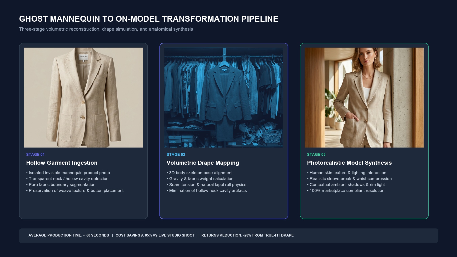 Three-stage visual transformation flow from hollow ghost mannequin to volumetric drape mapping to realistic on-model render