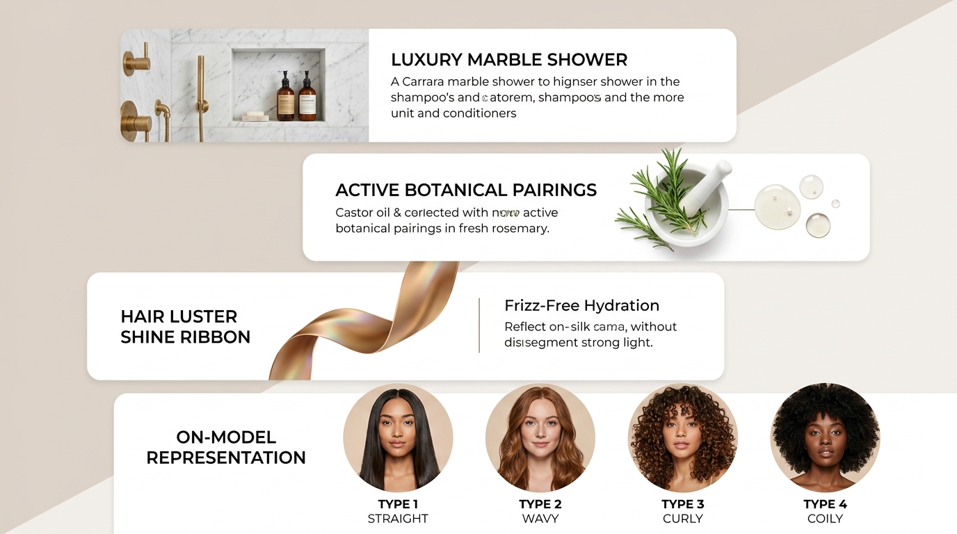 Comparative visual guide illustrating haircare staging archetypes: luxury marble shower setup, botanical scalp oil pairing, hair strand luster ribbon, and diverse on-model curl representation