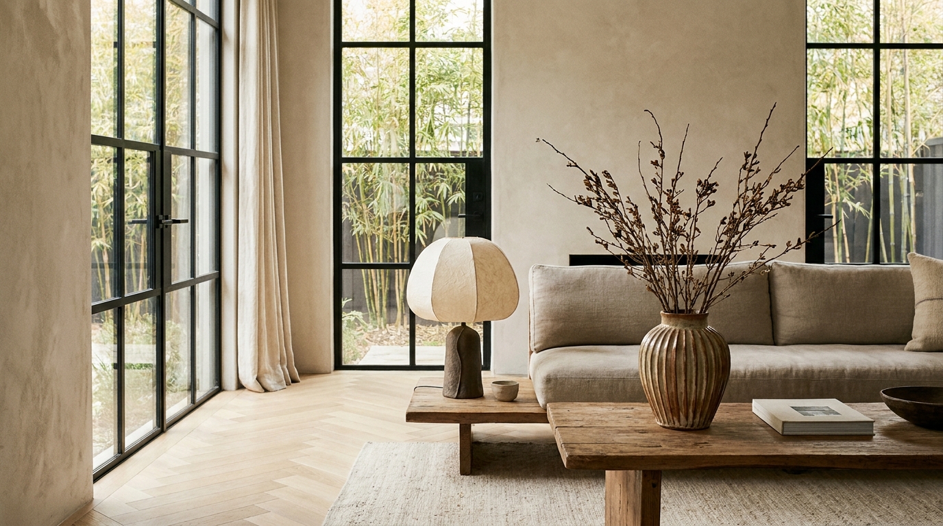 A handcrafted ceramic vase and sculptural table lamp staged in a sun-drenched Japandi living room with limewash walls, light oak herringbone floors, and floor-to-ceiling windows