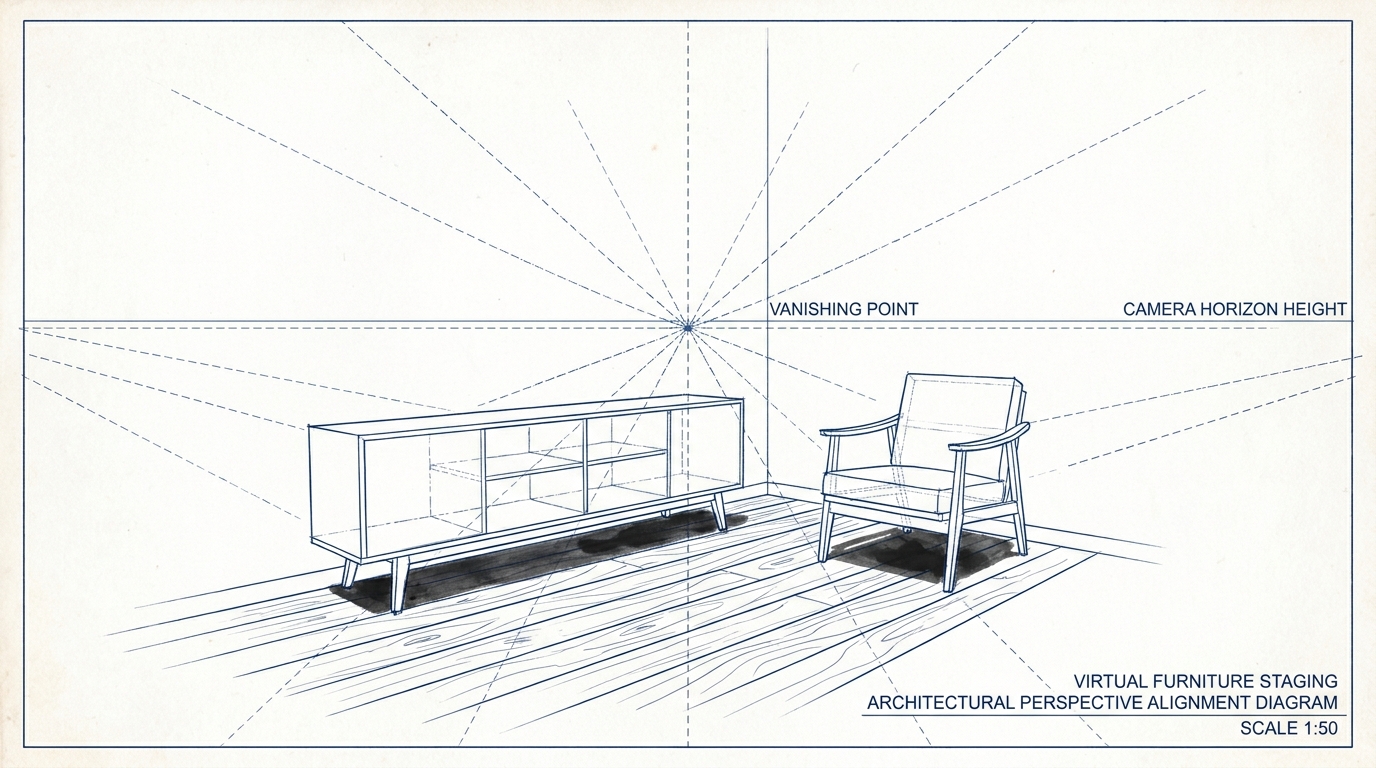 Diagram illustrating interior spatial perspective alignment, showing camera height matching, room vanishing points, and realistic floor contact shadows beneath furniture