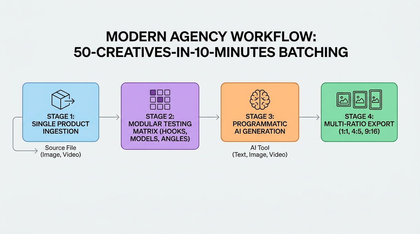 Agency Ad Creative Batching Pipeline Flowchart Showing Master Product Ingestion to Multi-Platform Deployment