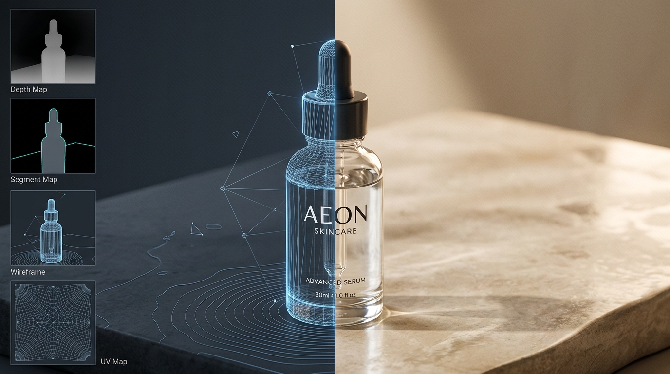 A luxury cosmetic bottle showing a 3D wireframe mesh and depth-map transition into a photorealistic studio rendering with reflections