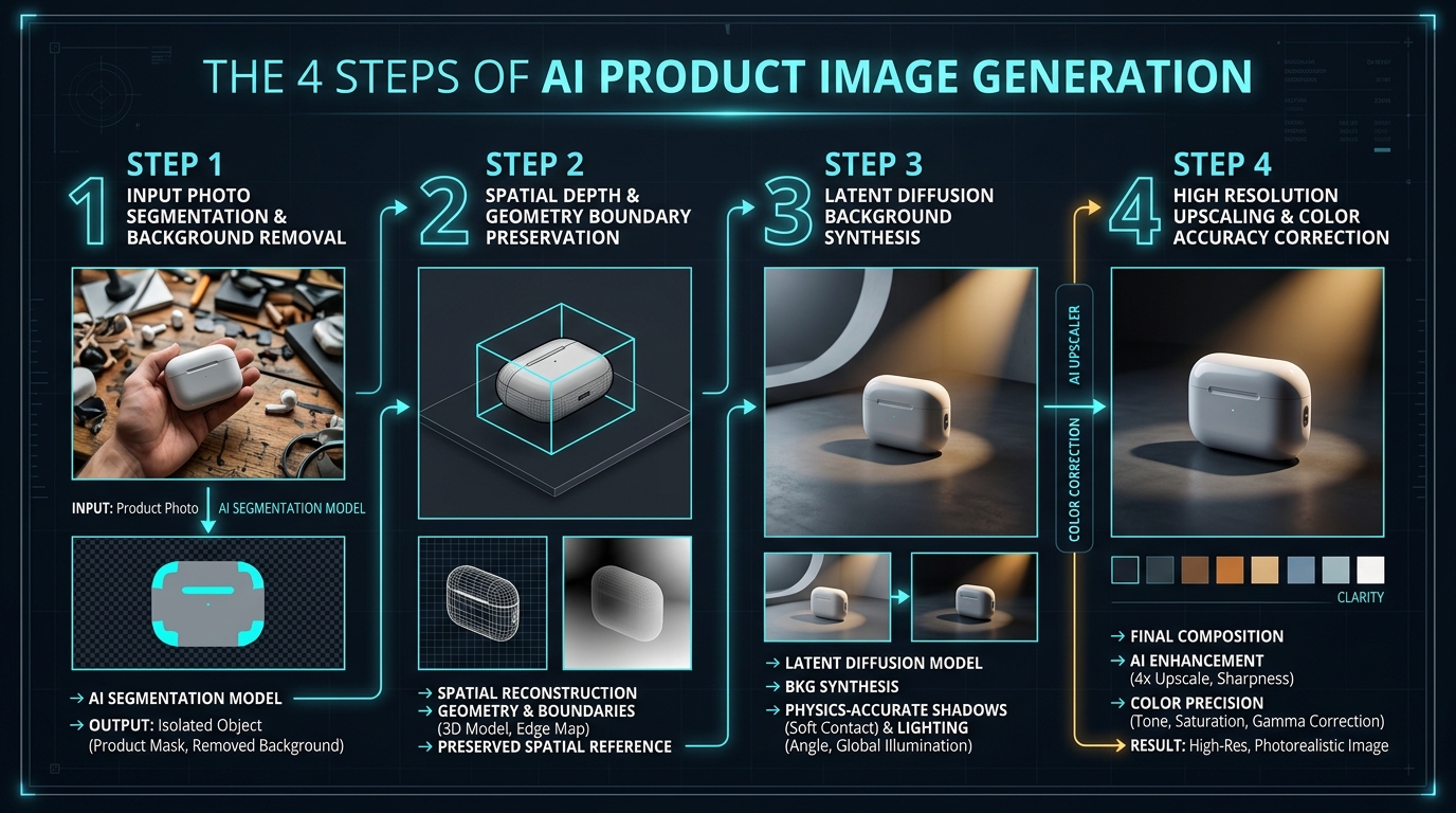Technical infographic showing the 4 steps of AI product image generation: segmentation, geometry preservation, latent diffusion, and upscaling