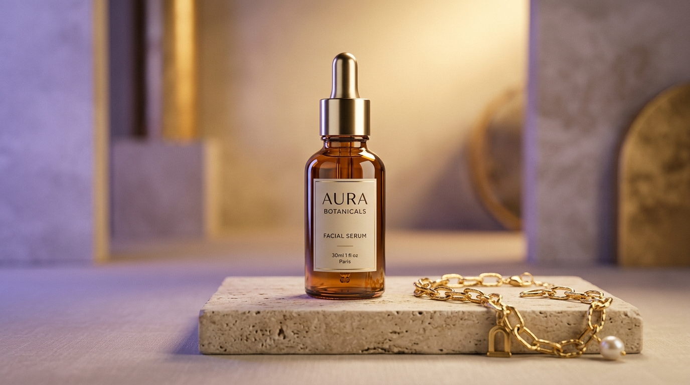 A clean product photo on a neutral surface transitioning into a studio-lit AI product scene with professional background and reflections