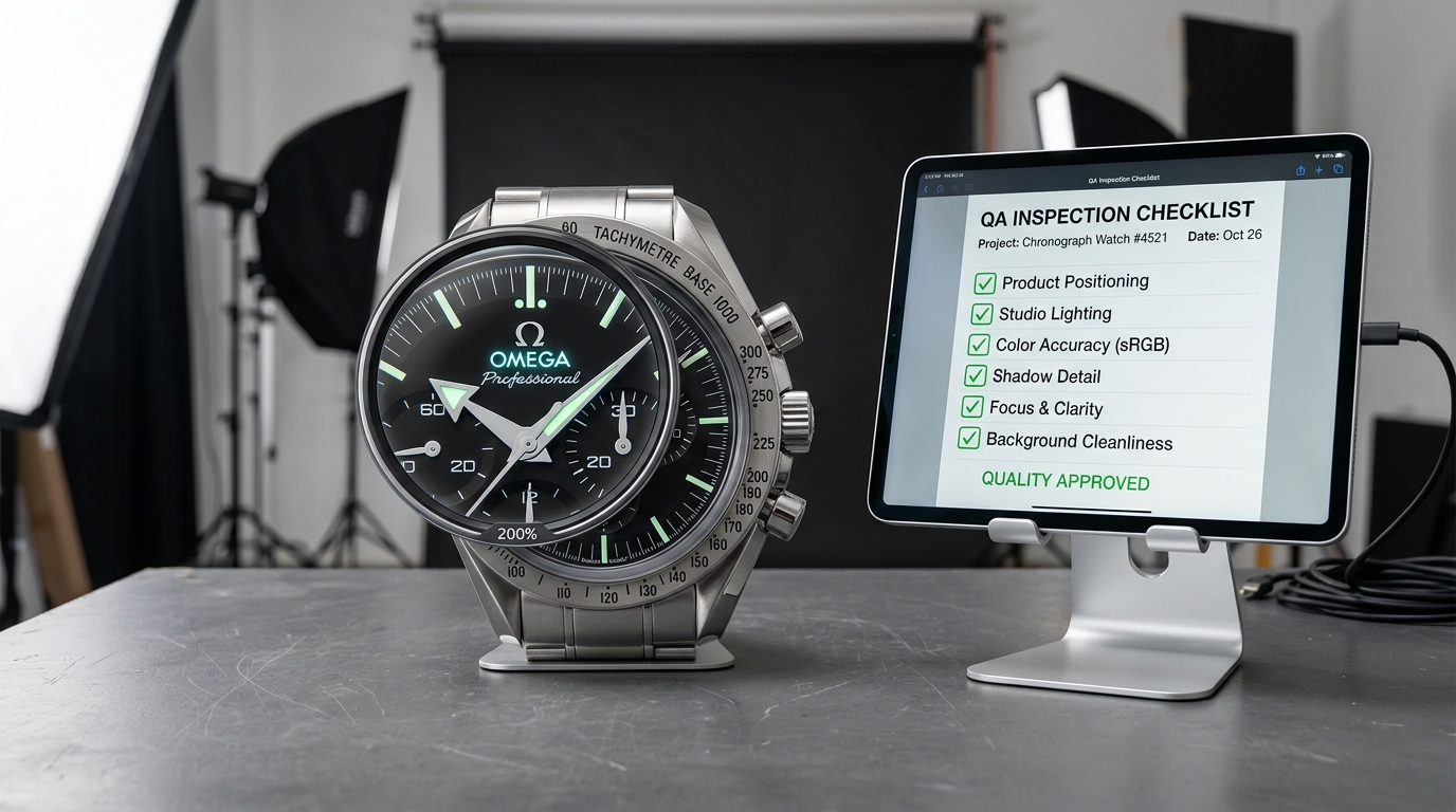 A luxury chronograph watch inspected with a 200% digital magnifying loupe beside a tablet displaying a quality assurance checklist