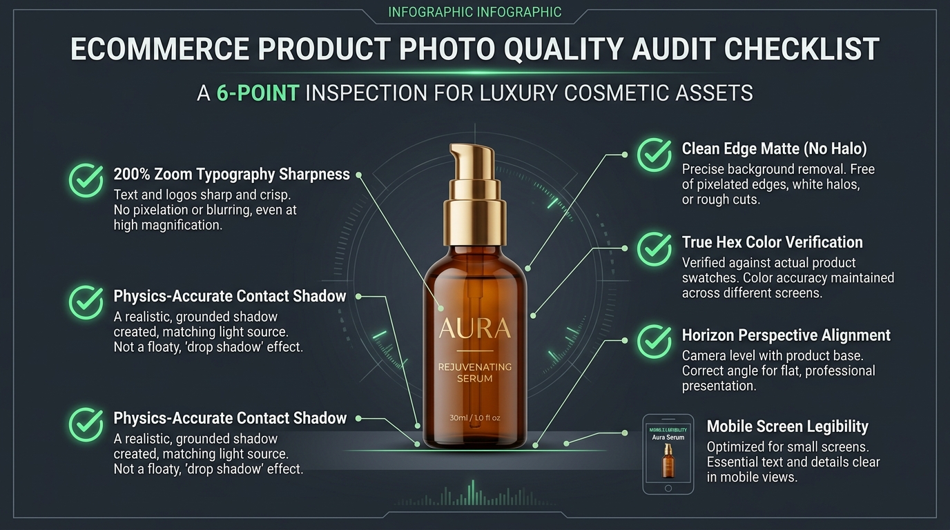 Infographic detailing the 6-point ecommerce product photo quality audit checklist around a luxury cosmetic bottle