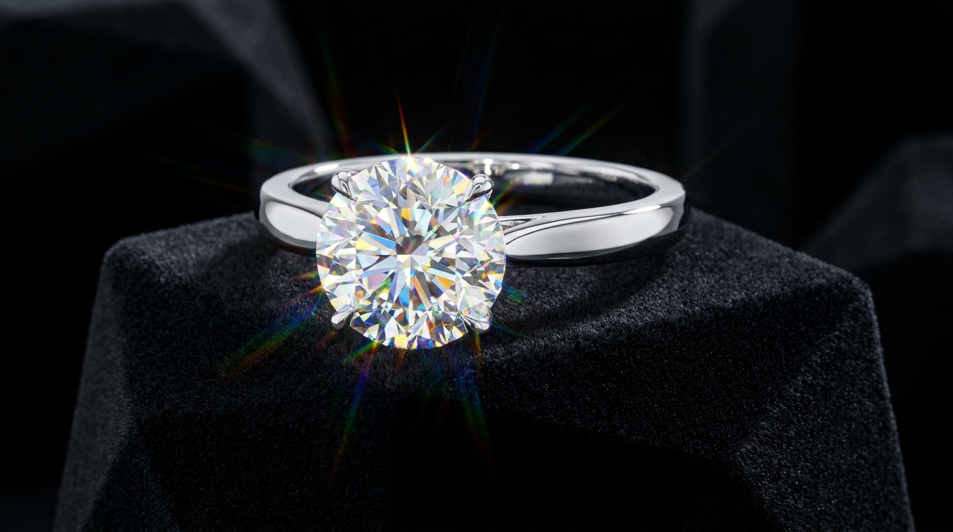 Extreme macro hero shot of a luxury platinum engagement ring featuring a brilliant-cut diamond reflecting prismatic fire resting on a geometric black velvet pedestal