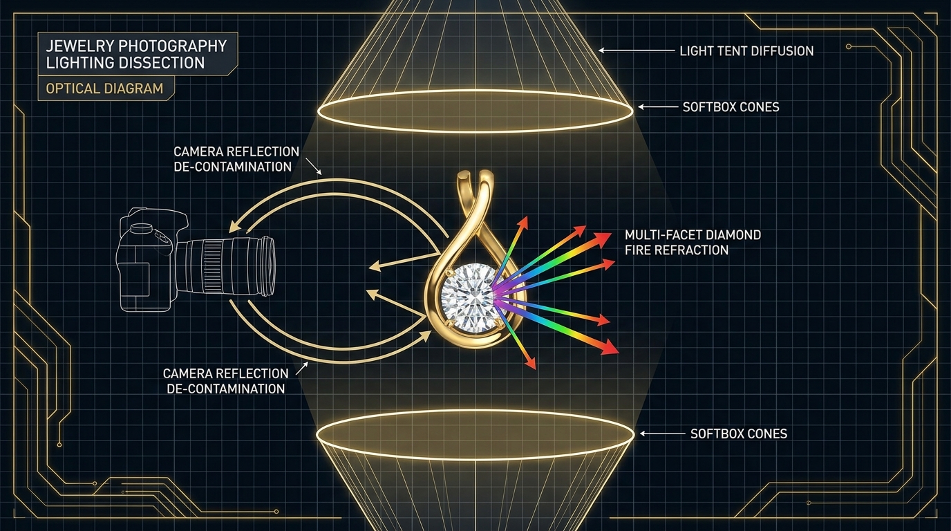 Diagram illustrating jewelry macro lighting physics including light tent diffusion, reflection de-contamination, and diamond refraction scintillation