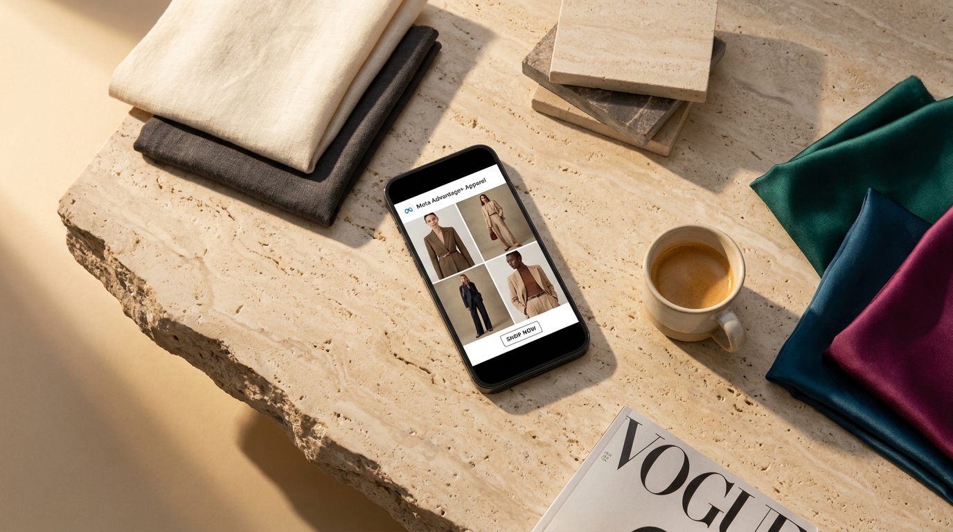 High-fashion editorial apparel ad creative showcase on smartphone screen running Meta Advantage+ ads in modern luxury setting