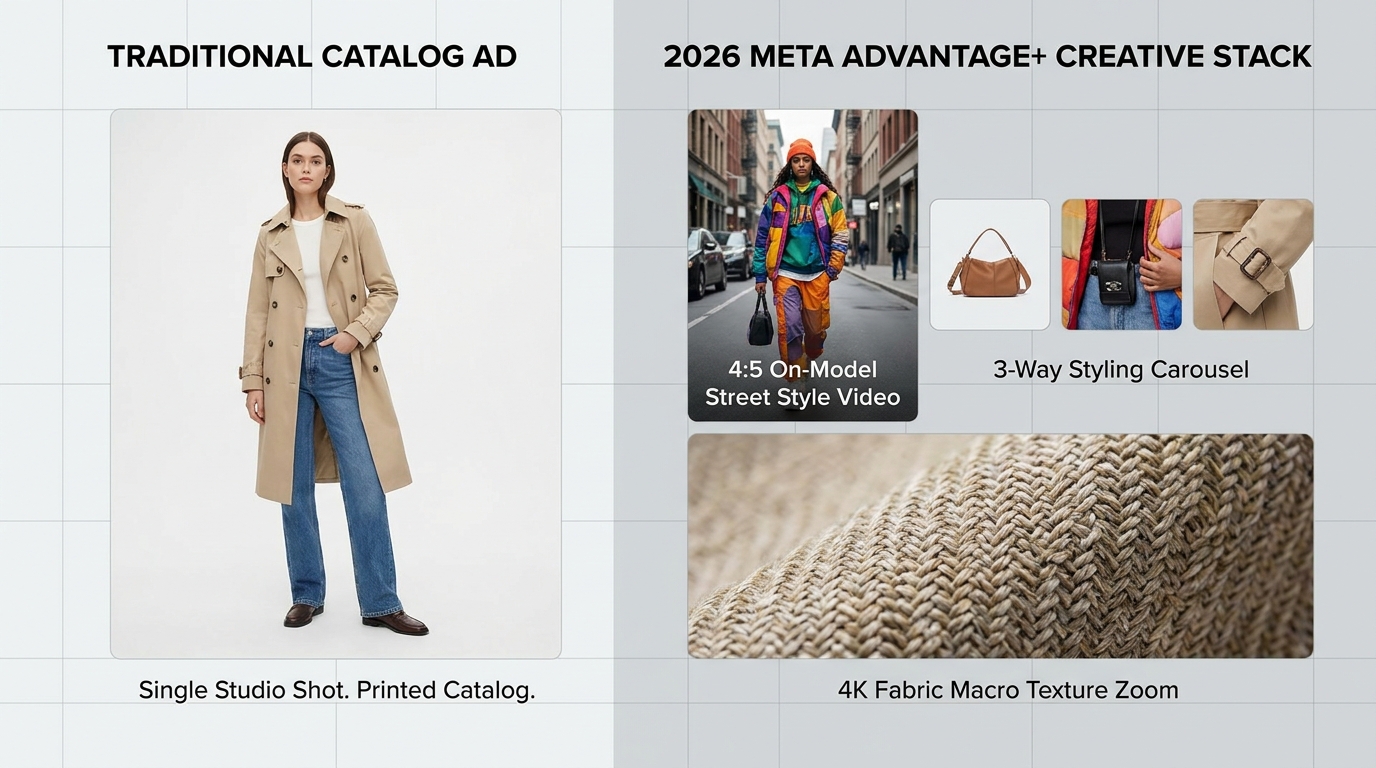 Meta Advantage+ Fashion Ad Creative Stack Comparing Traditional Studio vs AI Lifestyle Multi-Model Ads
