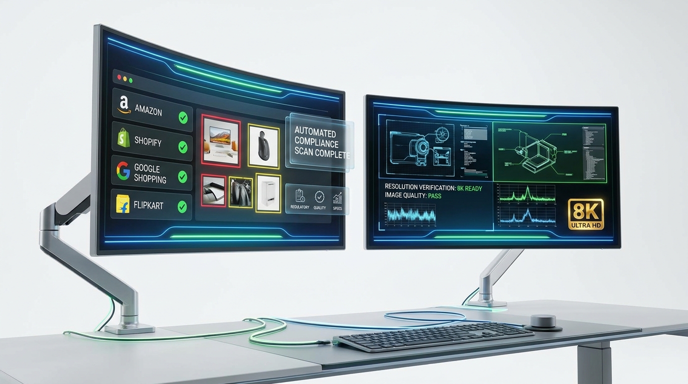 An omnichannel catalog operations dashboard showing automated compliance checks and simultaneous image syndication across Amazon, Walmart, Google Shopping, and Shopify