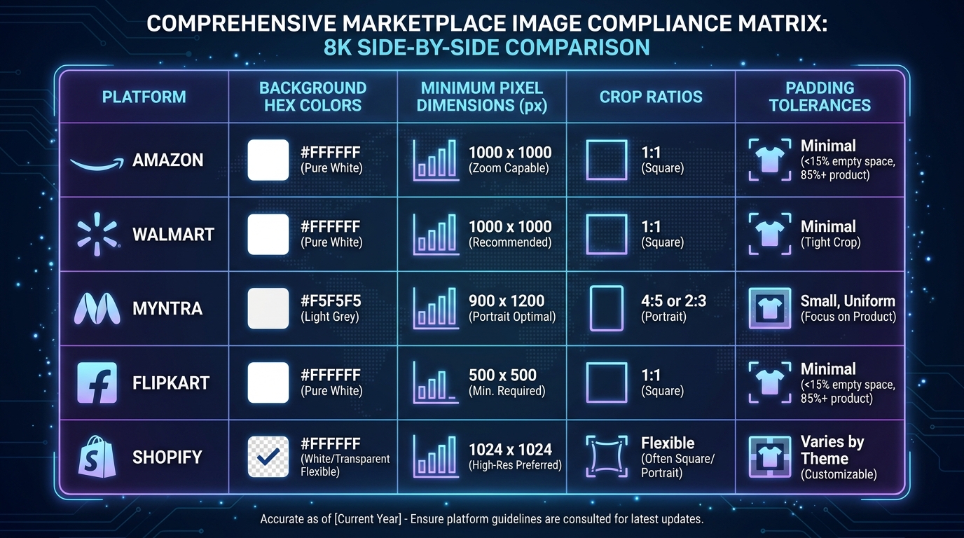 Diagram illustrating multi-marketplace automated compliance pipeline: single master product photo compiled into Amazon, Walmart, Google Shopping, and TikTok Shop formats simultaneously