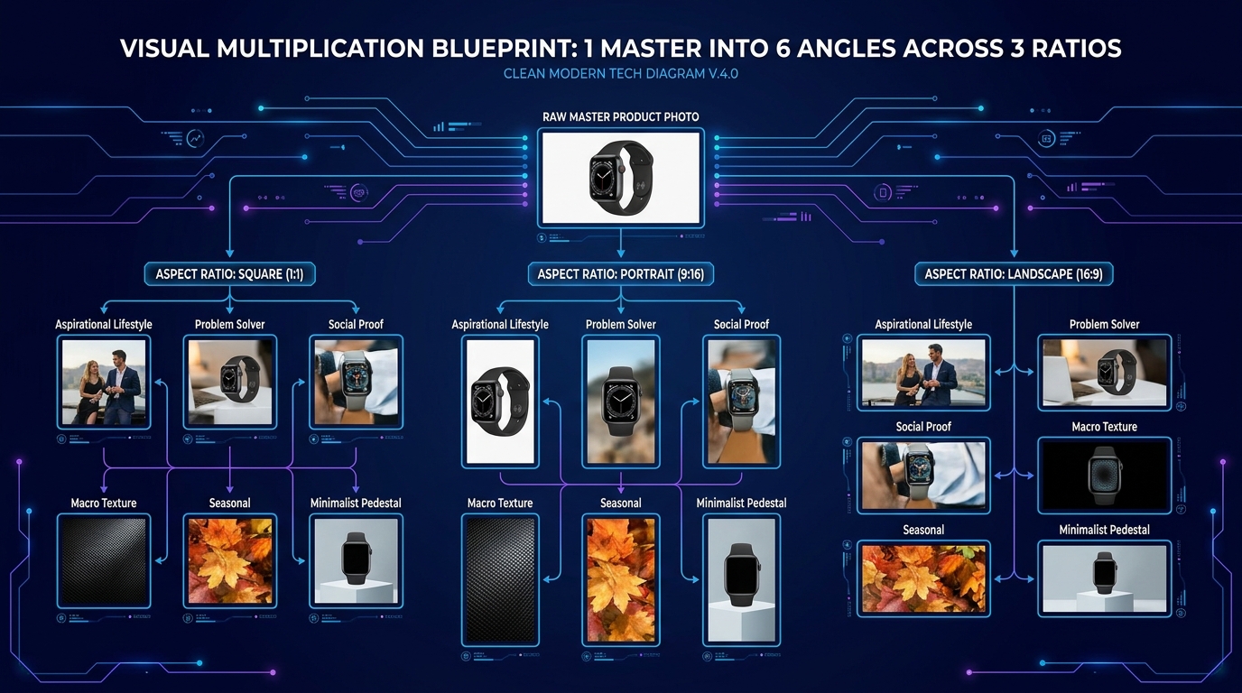 Ad Creative Variations Multiplication Blueprint Diagram Showing One Master Photo Radiating Into 20+ Ad Formats
