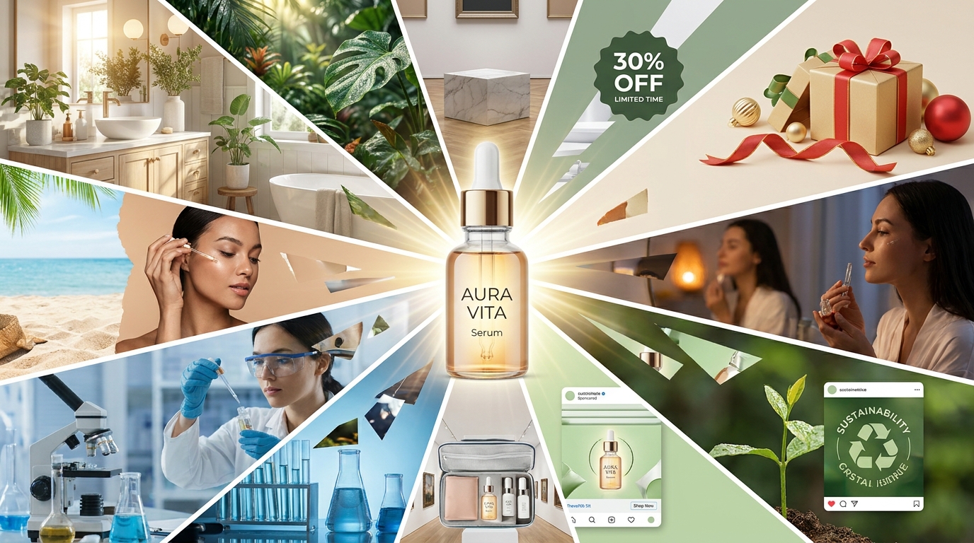 One master commercial product photo at center radiating outward into 12 diverse ad creative variations including lifestyle, vanity, discount, and holiday staging