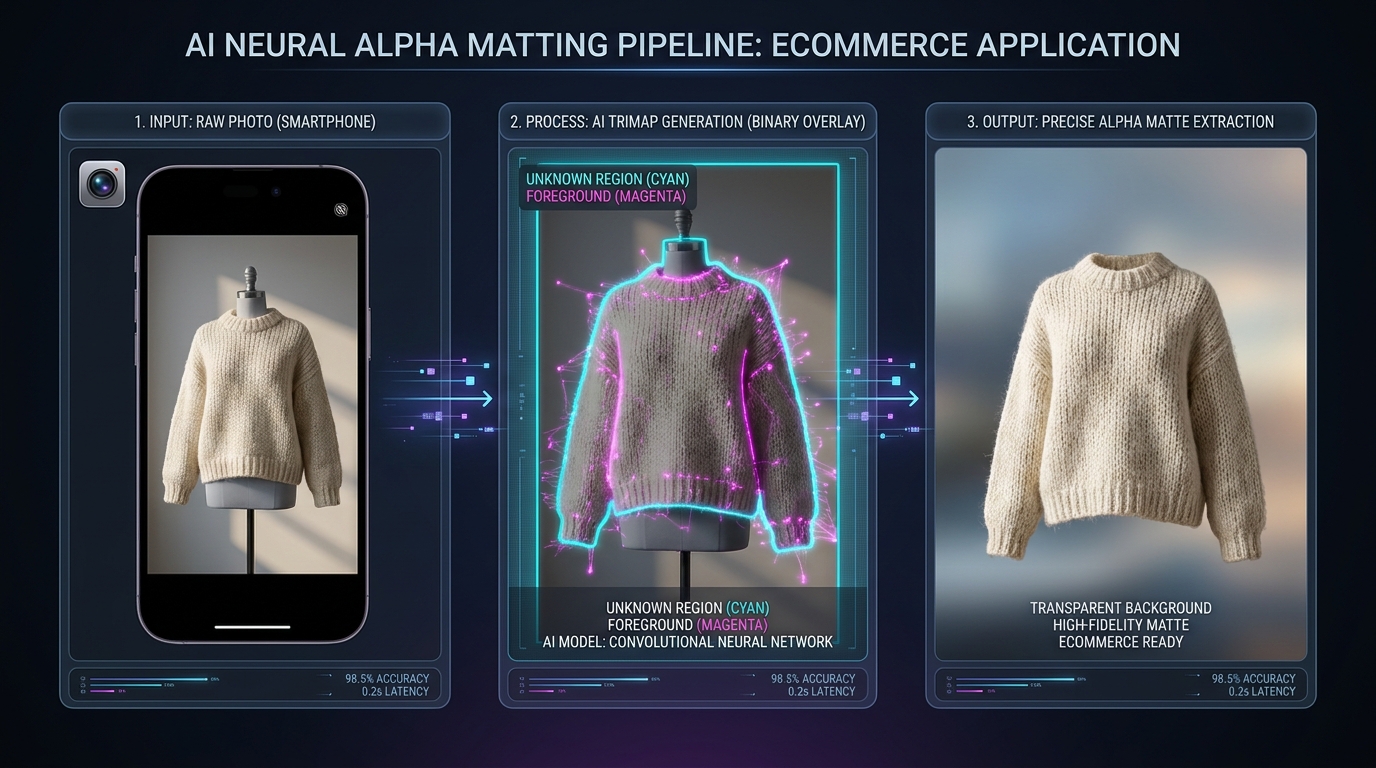 Workflow breakdown showing raw product photo converted to trimap, neural alpha matte, and final composited asset